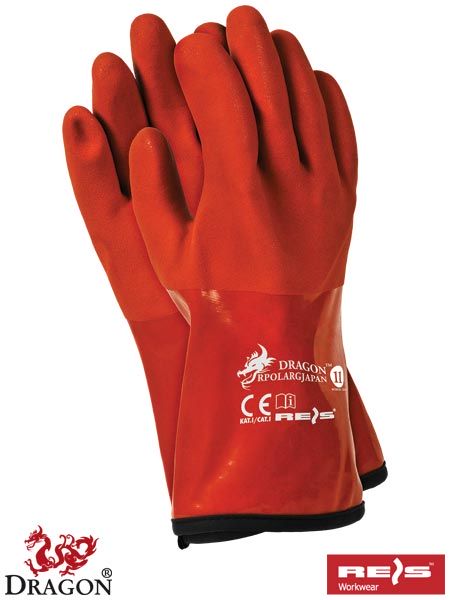 Rękawice ochronne termoodporne wykonane z PCV w kolorze pomarańczowym.